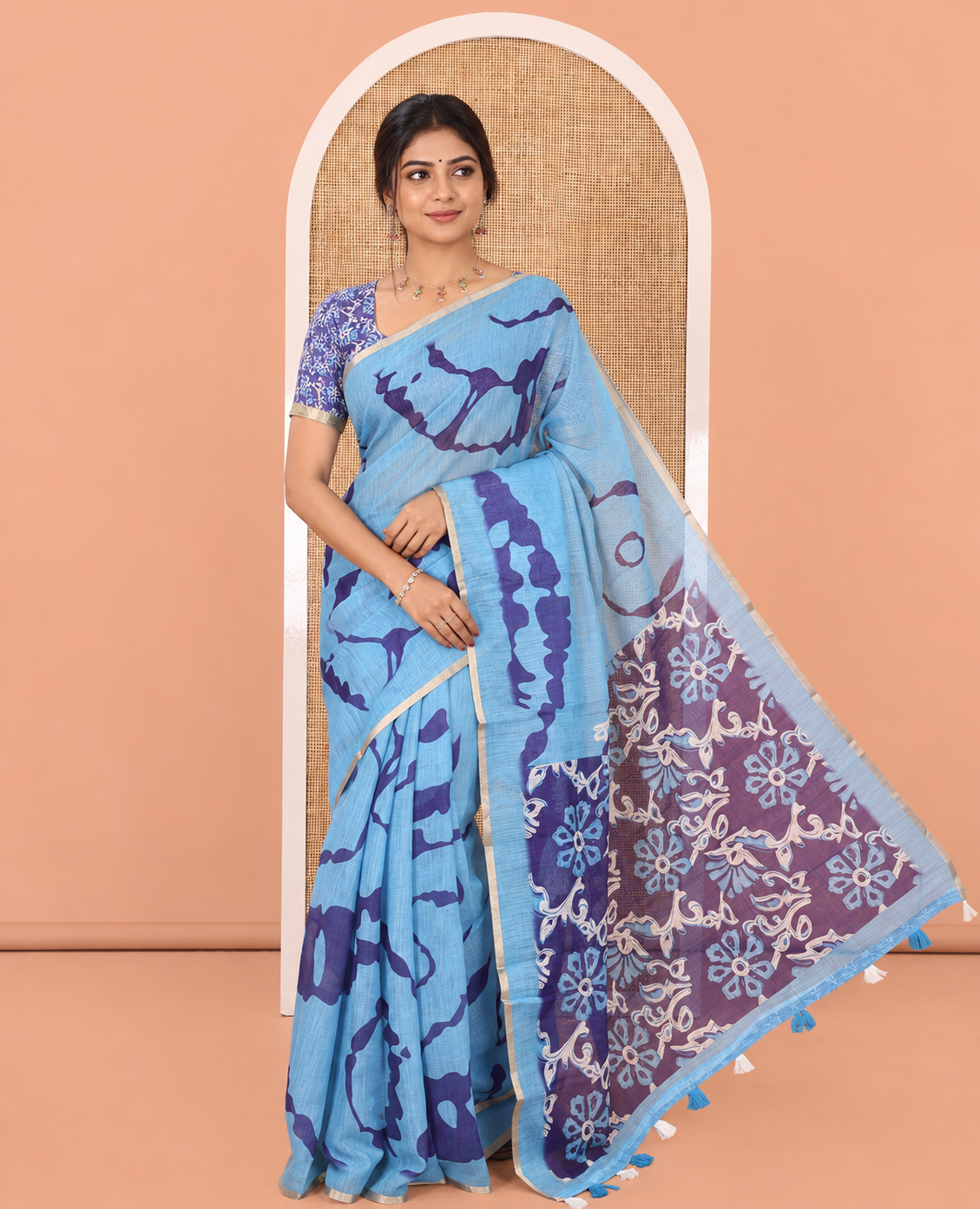 Blue Linen Cotton Saree, Adorned with Shibori Print, Gold Piping Border, Contrast Floral Printed Pallu, and Contrast Floral Printed Blouse