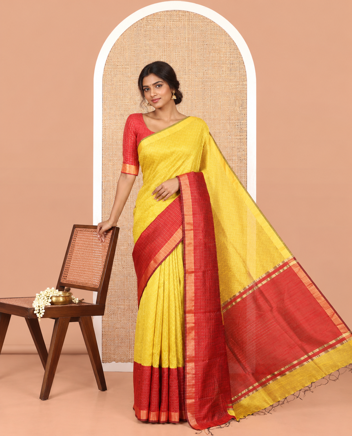 Yellow Semi-Raw Silk Saree, Delicately Woven with Zig-Zag Stripes, Contrast Border of Butta Enclosed Checks, Striped Pallu, and a Contrast Blouse