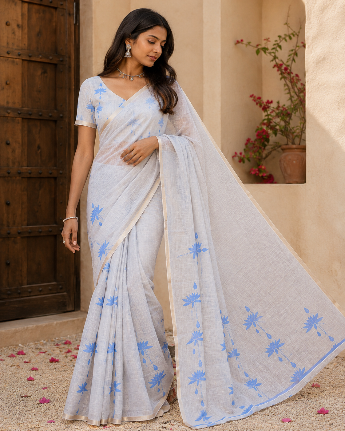 Borderless Grey Linen Cotton Saree Features Lotus Print, a Self-Pallu, and a Matching Blouse