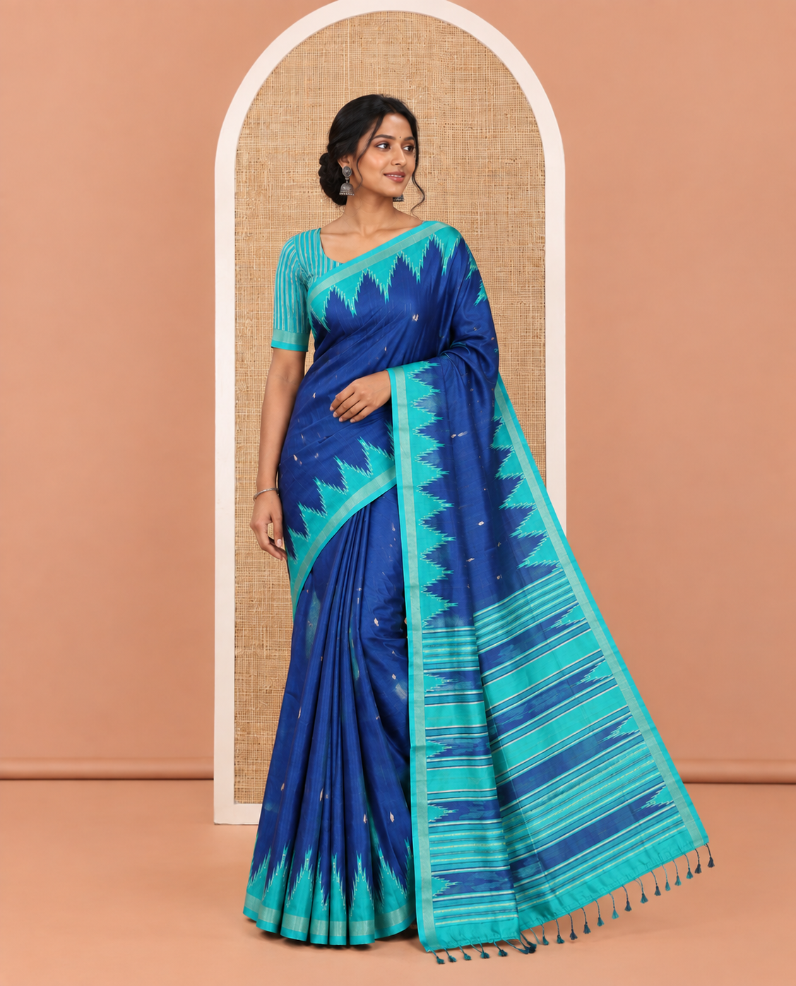 Blue Kathan Silk Saree Adorned with Buttas, Contrast Temple Border, Temple pallu, and Striped Blouse