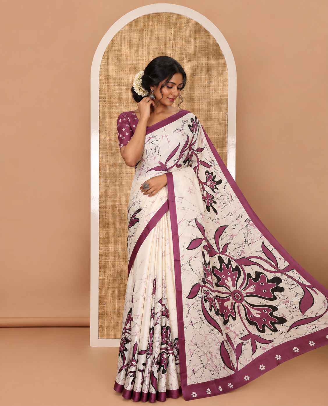 Cream-base batik-style floral printed satin crepe saree, contrast dark lavender border, printed pallu & contrast floral printed blouse