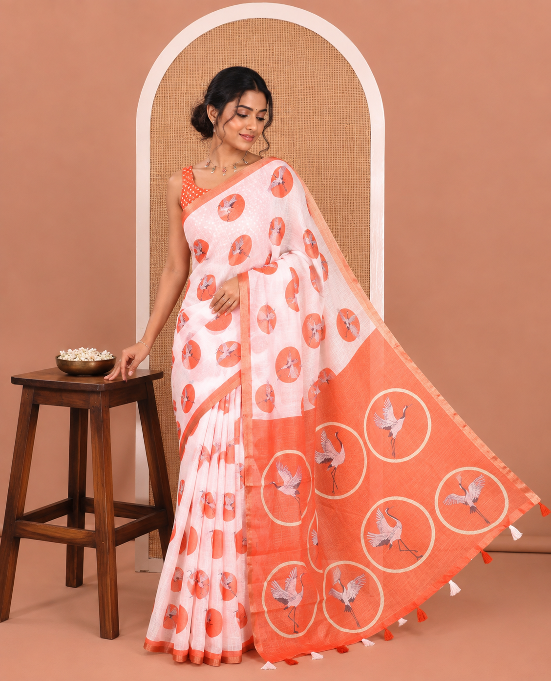 White-Orange Linen Cotton Saree, Steeped with Polka Dot Enclosed Crane Motifs on Its Body, Subtle Piping Border, Pallu Pictures Polka Dot Enclosed Crane Motifs, and Paired with a Matching Blouse