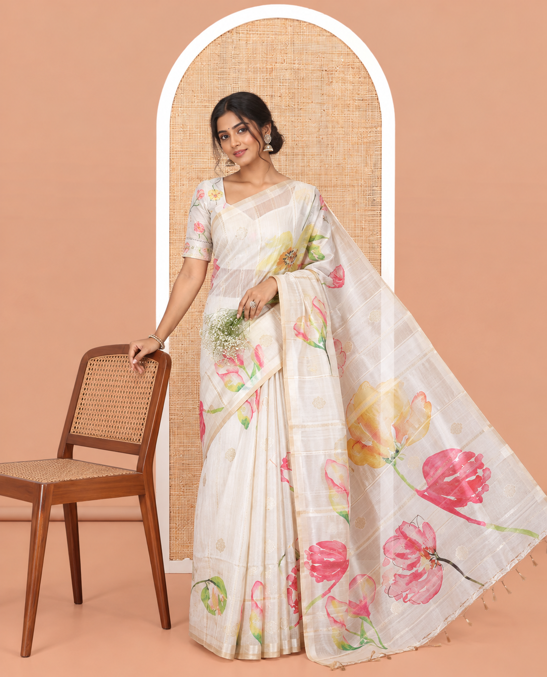 Borderless Cream Semi-Tussar Saree Features Zari Design and Floral Print, a Self-Pallu, Matching Blouse