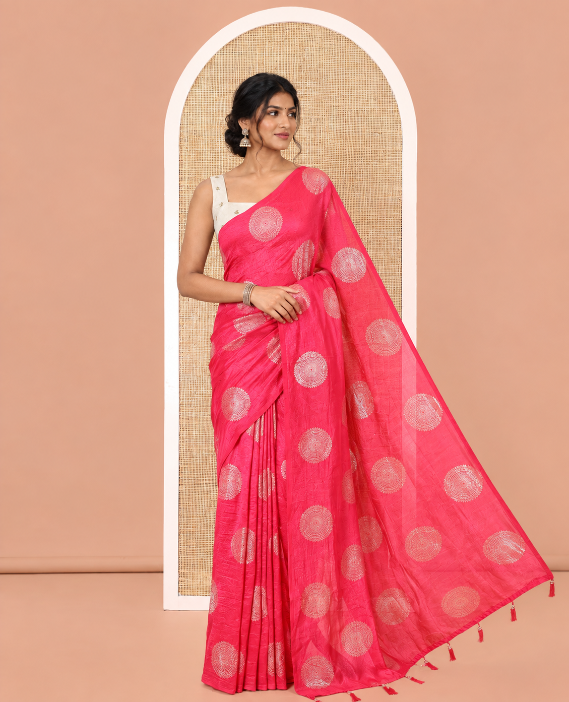 Borderless Pink Vichitra Saree Features Rangoli-Style Round Buttas Foil Print and a Contrast Sequins Embroidered Blouse