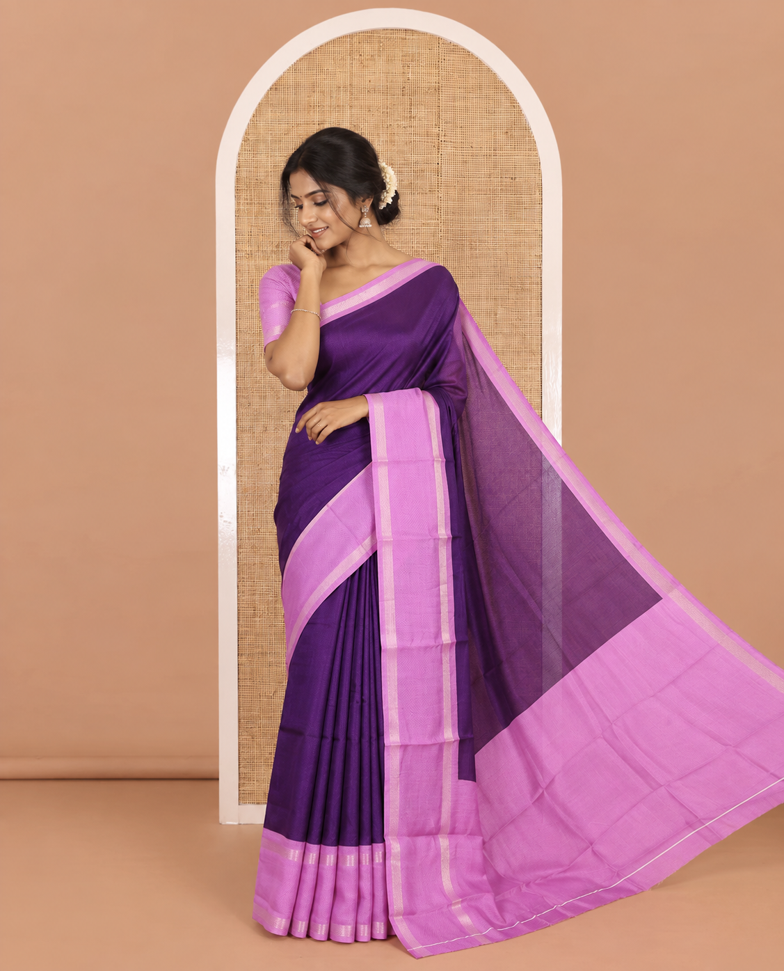 Violet embossed moss chiffon saree, contrast traditional rettai pettu border, embossed pallu, and a contrast embossed blouse