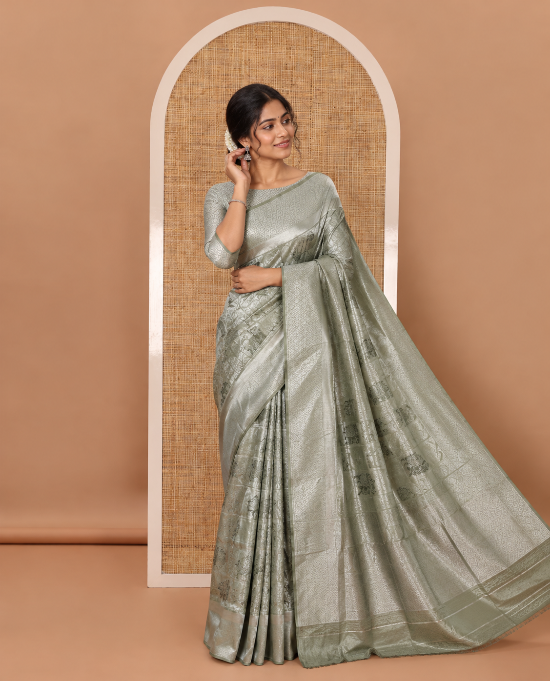 Green floral & elephant jacquard softy saree, diamond design zari border, intricate pallu & matching jacquard blouse