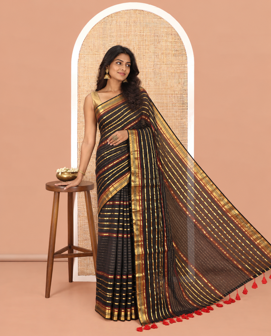 Black Khadi Mul Cotton Saree, Elevated with Horizontal Gold Zari Stripes, a Zari Border, Self-Pallu, and No Blouse