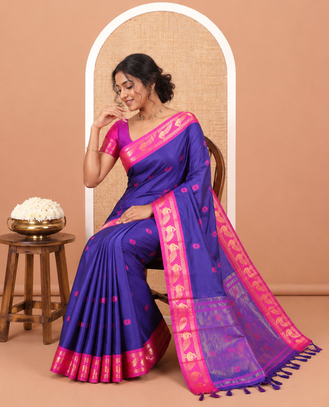Royal Blue Peacock Buttas Semi-Soft Silk Saree, Contrast Peacock Border, Buttas Pallu, Matching Blouse