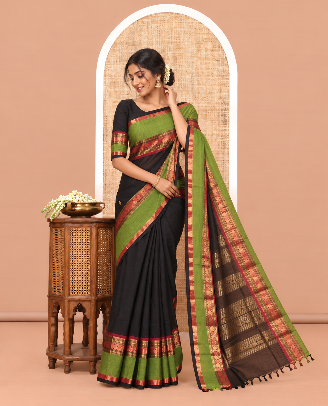 Black Chettinad Cotton Saree, Woven with Zari Buttas, a Contrast Traditional Rettai Pettu Border, Matching Blouse