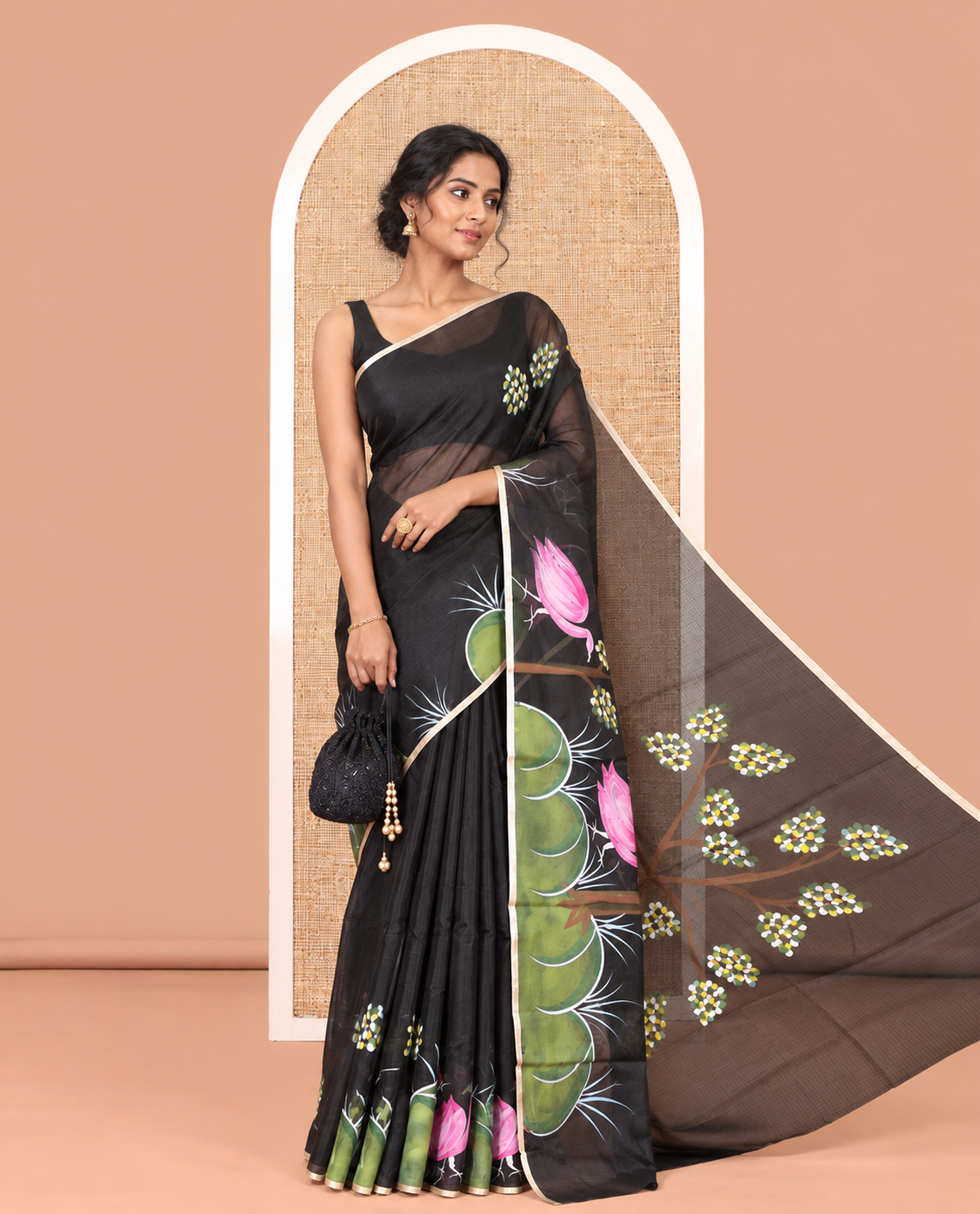 Black Kota Chex Saree, Adorned with Tree and Bird Print, a Piping Border, Pallu of Tree Motifs, and a Matching Blouse