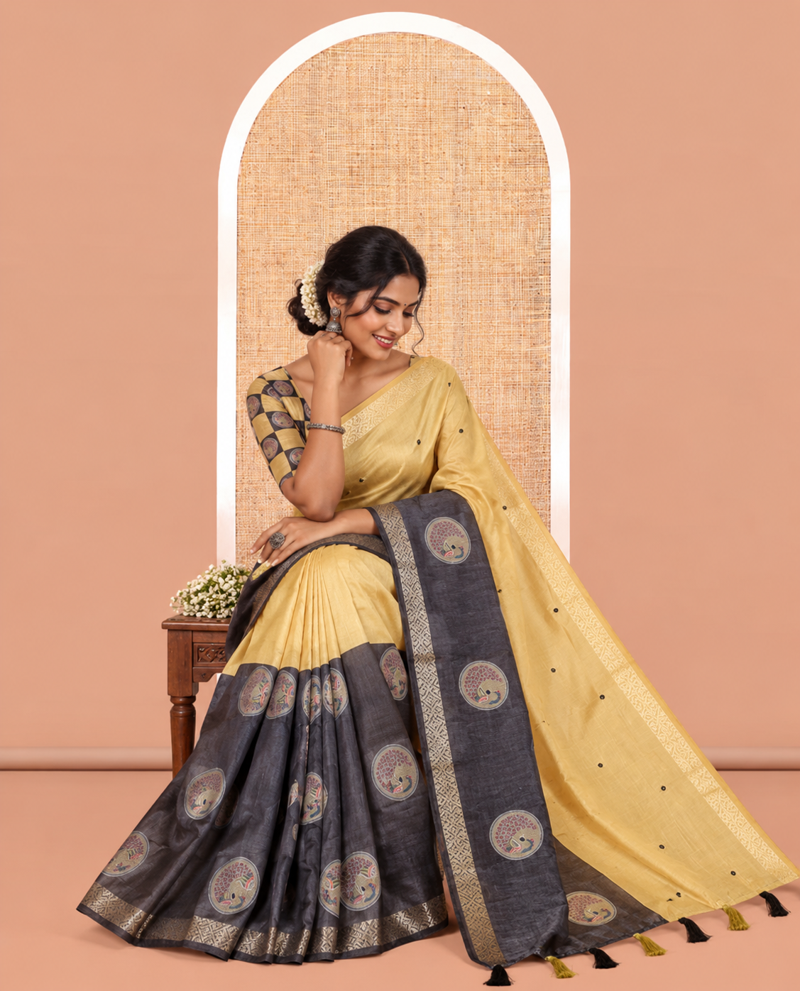Yellow-Grey Semi-Tussar Saree
