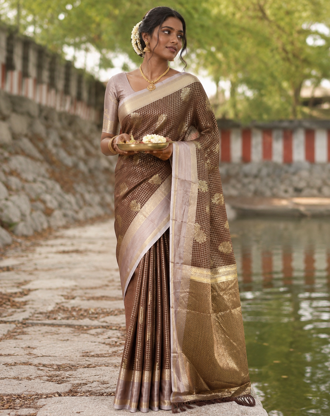 Brown Semi-Kanchi Silk Saree Features Zari Checks and Buttas, a Contrast Traditional Border, Jaal Pallu, Matching Blouse