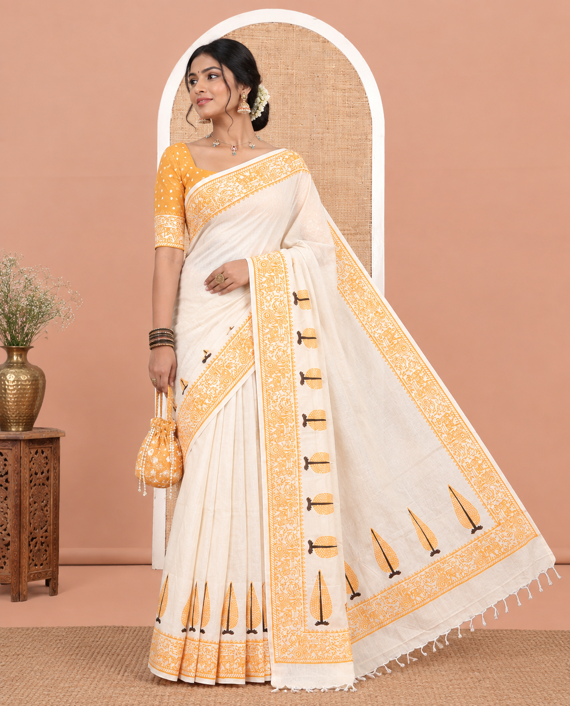 Cream Tree Printed South Cotton Saree, Comes with a Block-Printed Border, a Matching and a Contrast Block-Printed Blouse