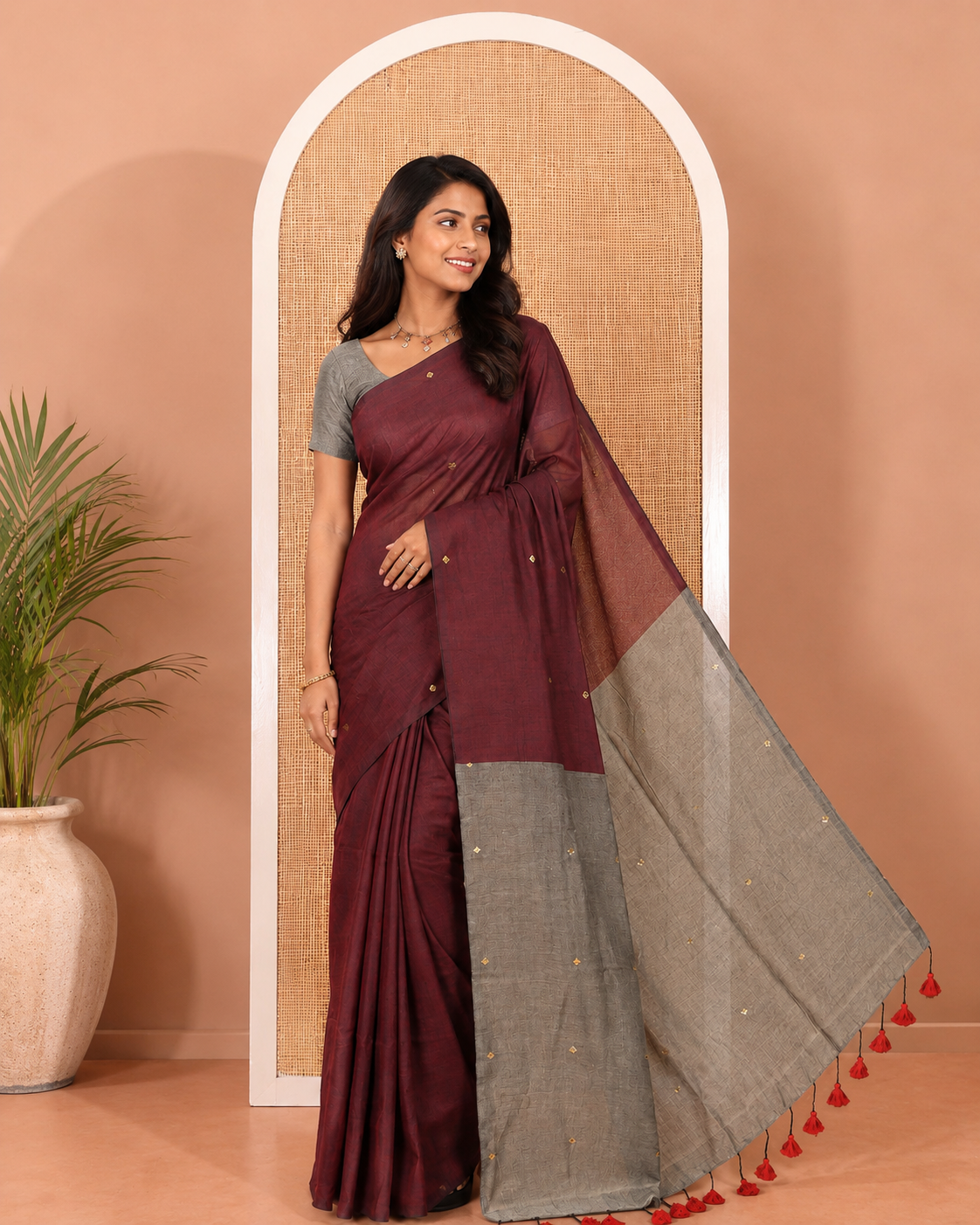 Borderless Maroon Khadi Mul Cotton Saree, Adorned with Sequins Work All Over Its Body, Complemented by Contrast Pallu of Sequins Work and Paired with a Contrast Blouse
