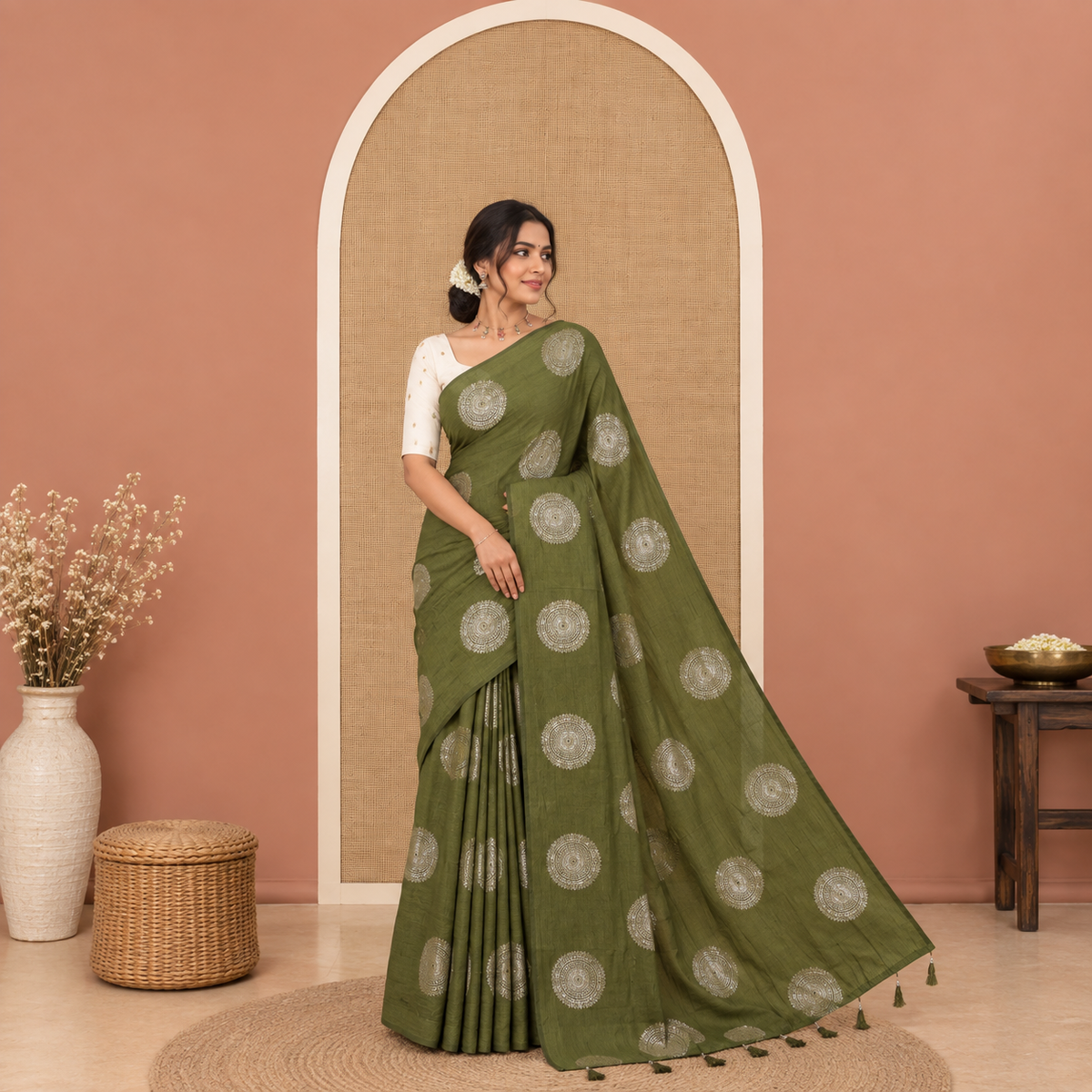 Borderless Olive Green Vichitra Saree Features Rangoli-Style Round Buttas Foil Print and a Contrast Sequins Embroidered Blouse