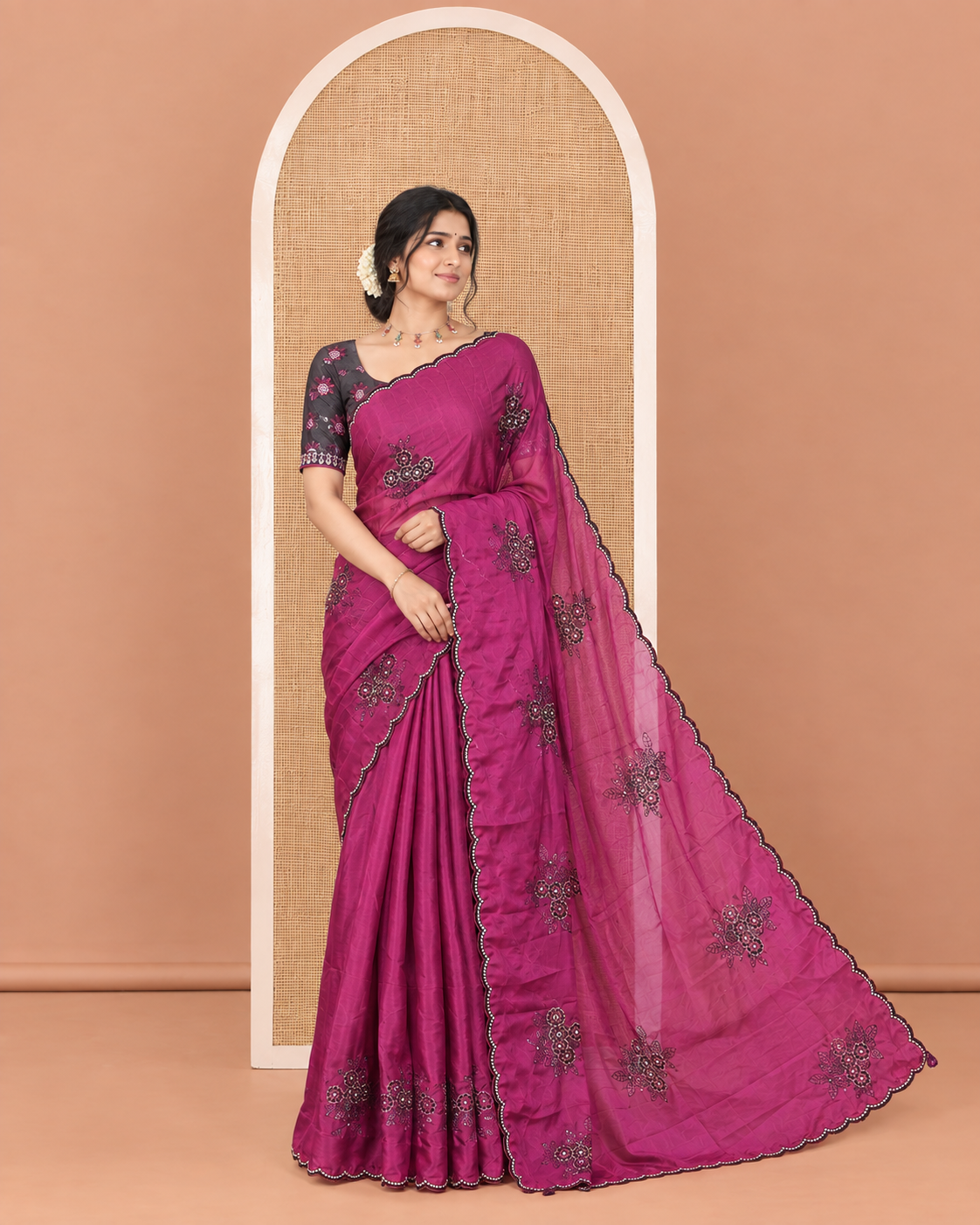 Purple Rangoli Chiffon Saree, Enriched with Flower-Style Motifs Embroidered on Its Body, a Subtle Scallop Embroidered Border, a Self-Pallu, and Paired with a Contrast Embroidered Blouse