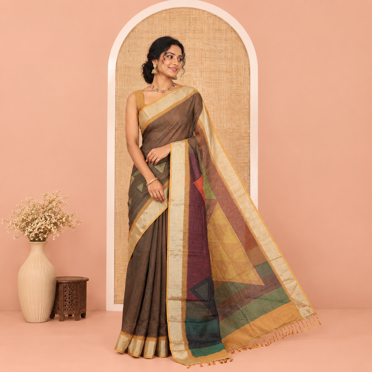 Coffee Brown and Green Linen Cotton Saree, Elevated with Geometric Print on Its Body, Complemented by Contrast Zari Border, Geometric Printed Pallu, and Paired with a Contrast Blouse