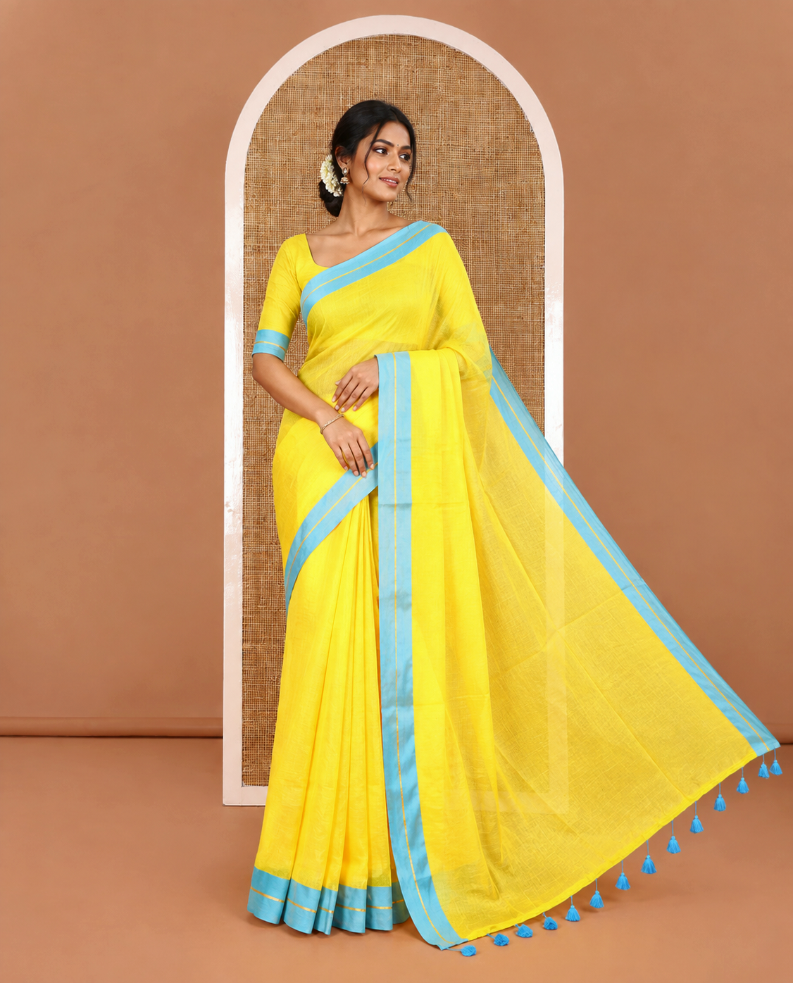 Yellow Plain Khadi Mul Cotton Saree, Complemented by Contrast Zari Striped Border, Plain Pallu, and Paired with a Matching Blouse