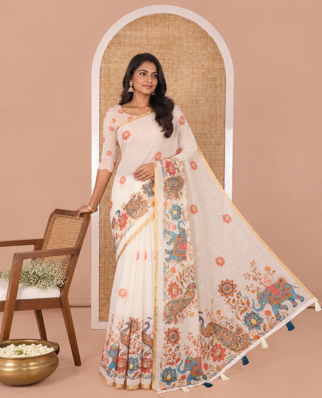 Cream Linen Cotton Saree, Elevated with Lotus, Floral, Elephant, and Peacock Motifs Printed on Its Body, Subtle Piping Border, a Self-Pallu, and Paired with a Matching Blouse