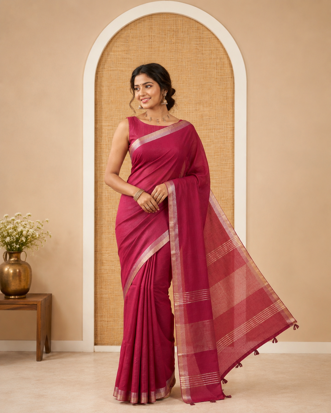 Purple Plain Linen Cotton Saree, a Subtle Zari Border, a Self-Pallu, and Matching Blouse