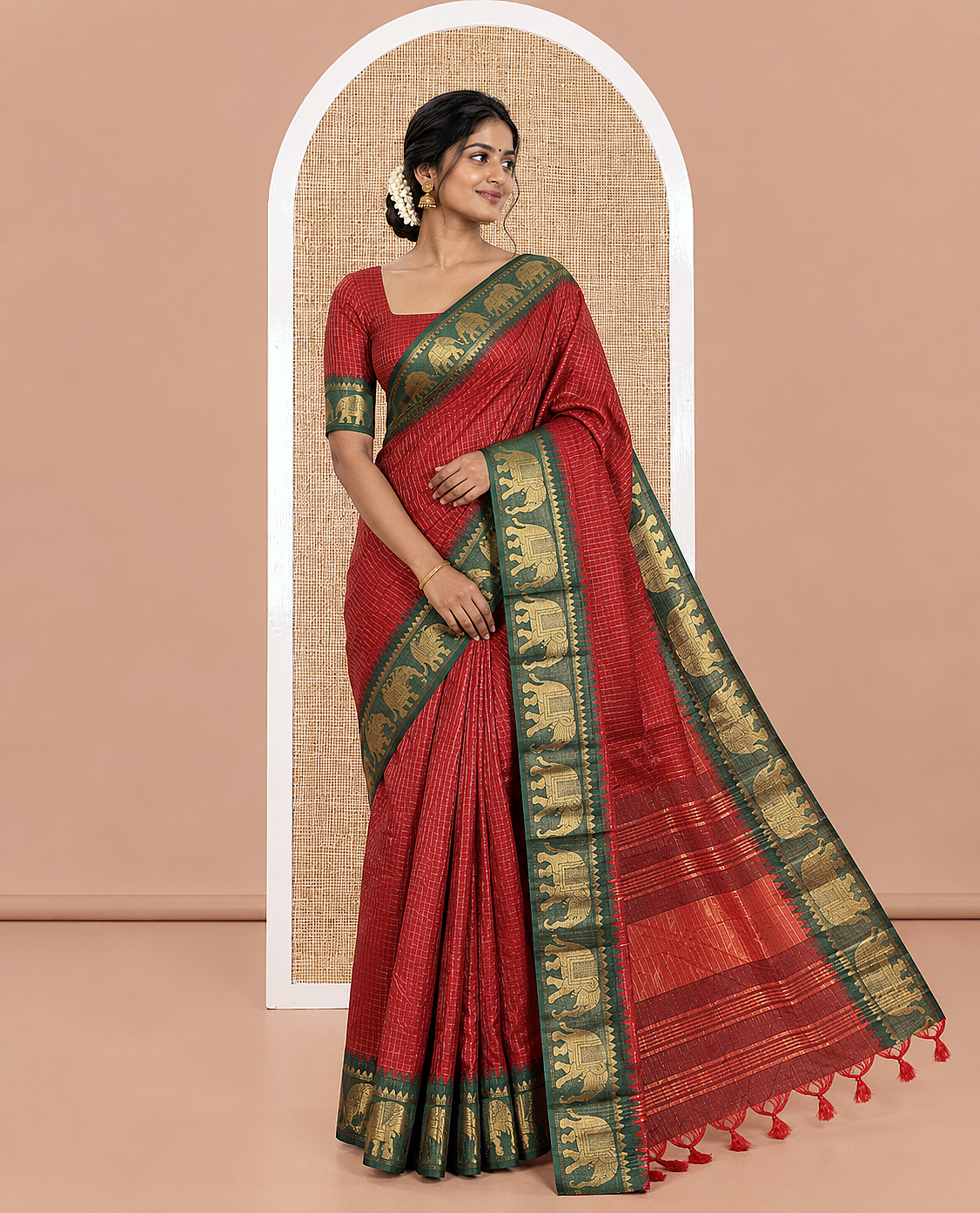 Red Semi-Taffeta Saree, Enthralled with Medium-Zari Checks All Over Its Body, Complemented by Contrast Temple Border Featuring Elephant Motifs, Contrast Checked Pallu, and Paired with a Matching Blouse