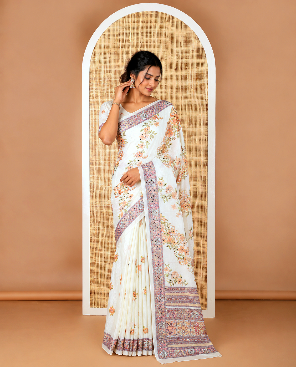 Cream printed, mirror work synon silk saree with printed border, mirror work & printed pallu along with printed blouse