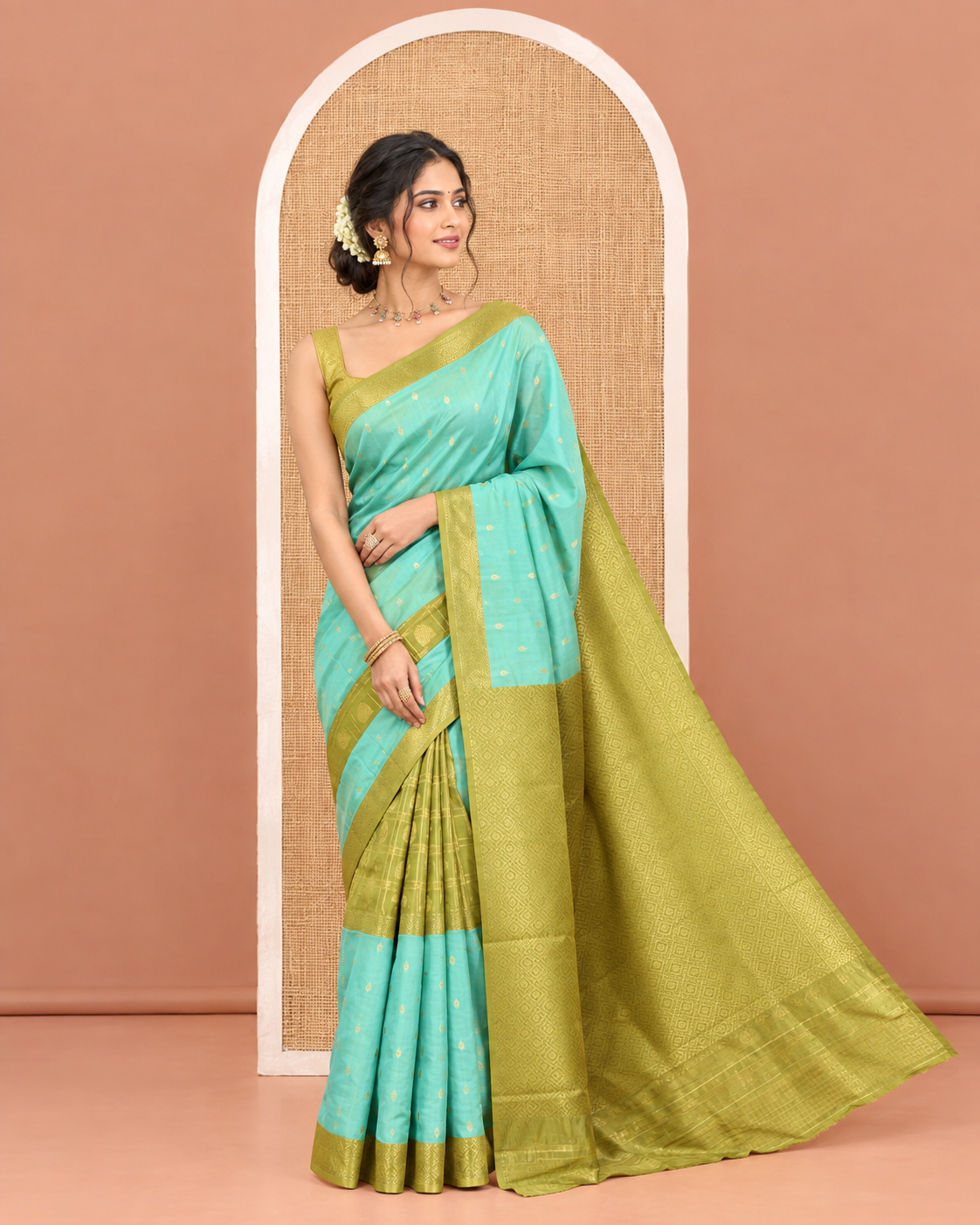 Sea Green and Mehendi Kanchi Silk Saree, Subtly Enriched with Zari Buttas and Buttas Enclosed Checks On Its Body, Complemented by Zari Border, Jaal Pallu, and Paired with a Contrast Jacquard Blouse