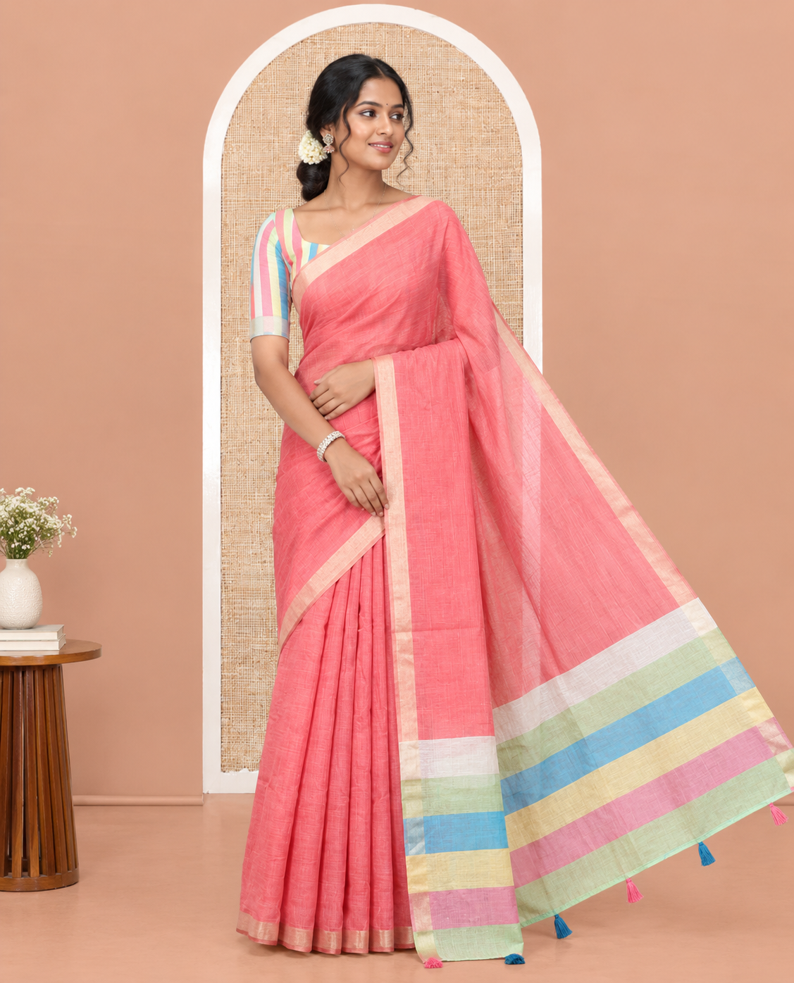 Brick Red Plain Semi-Tussar Saree, a Zari Border, Multi-Colored Striped Pallu, and a Contrast Blouse