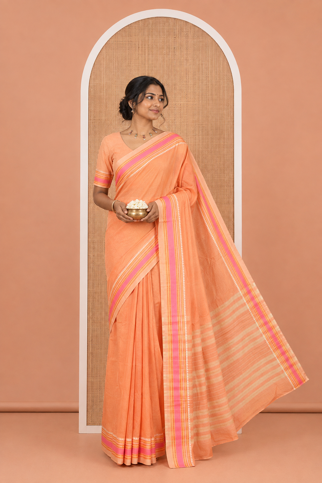 Orange Plain Mercerised Cotton Saree, Complemented by Contrast Traditional Border, Striped Pallu, and a Matching Blouse