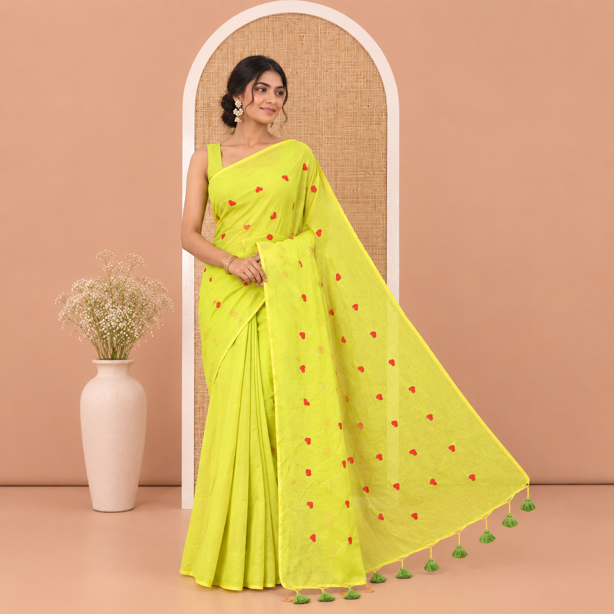 Borderless Parrot Green Mul Cotton Saree, Delicately Woven with Heart Motifs Embroidered All Over Its Body, a Self-Pallu, and Paired with a Matching Blouse