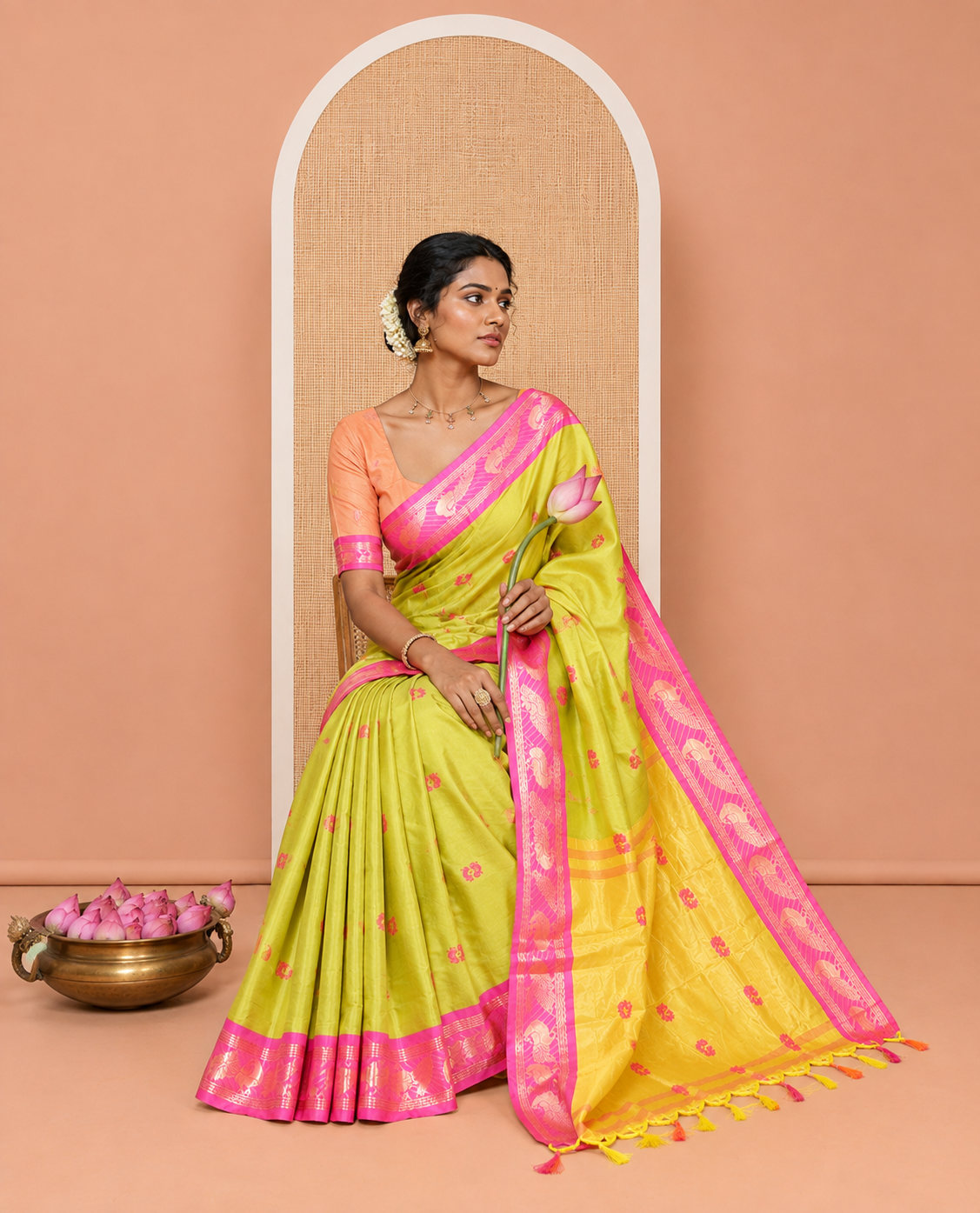 Parrot Green-Pink Peacock Buttas Semi-Soft Silk Saree, Contrast Peacock Border, Buttas Pallu, Matching Blouse