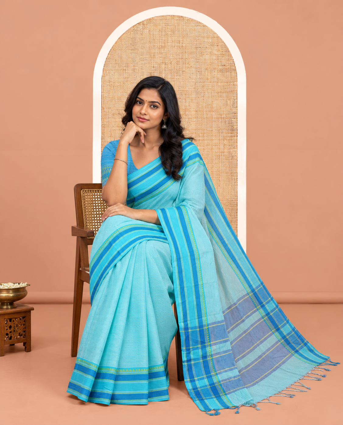 Blue Striped Chettinad Cotton Saree, Contrast Traditional Thread Border, Striped Pallu, a Contrast Blouse