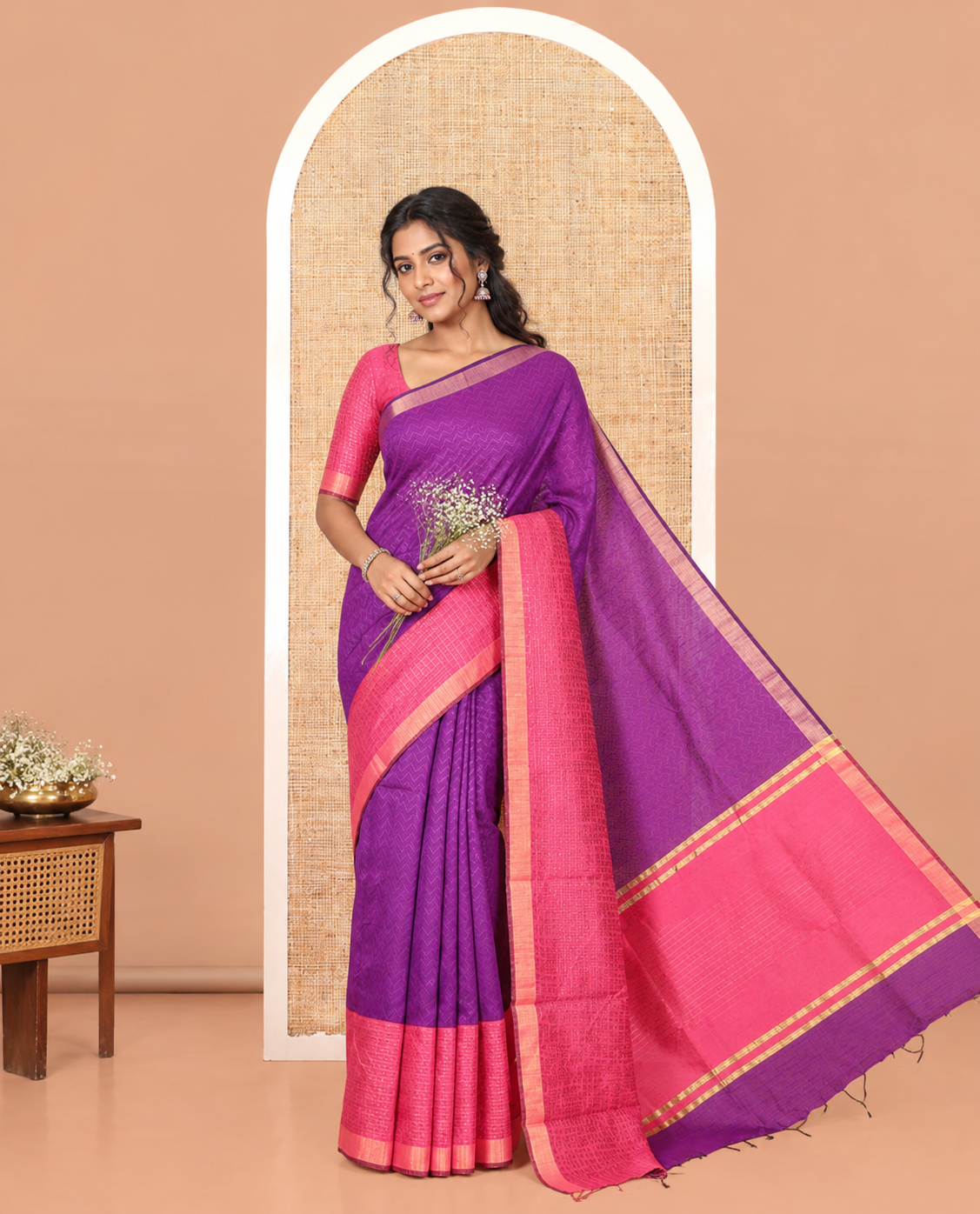 Violet Semi-Raw Silk Saree, Delicately Woven with Zig-Zag Stripes, Contrast Border of Butta Enclosed Checks, Striped Pallu, and a Contrast Blouse