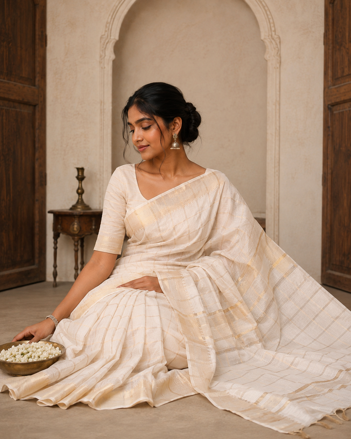 Cream Zari Checked Bhagalpur Cotton Saree, a Temple Zari Border, Self-Pallu, and a Matching Blouse