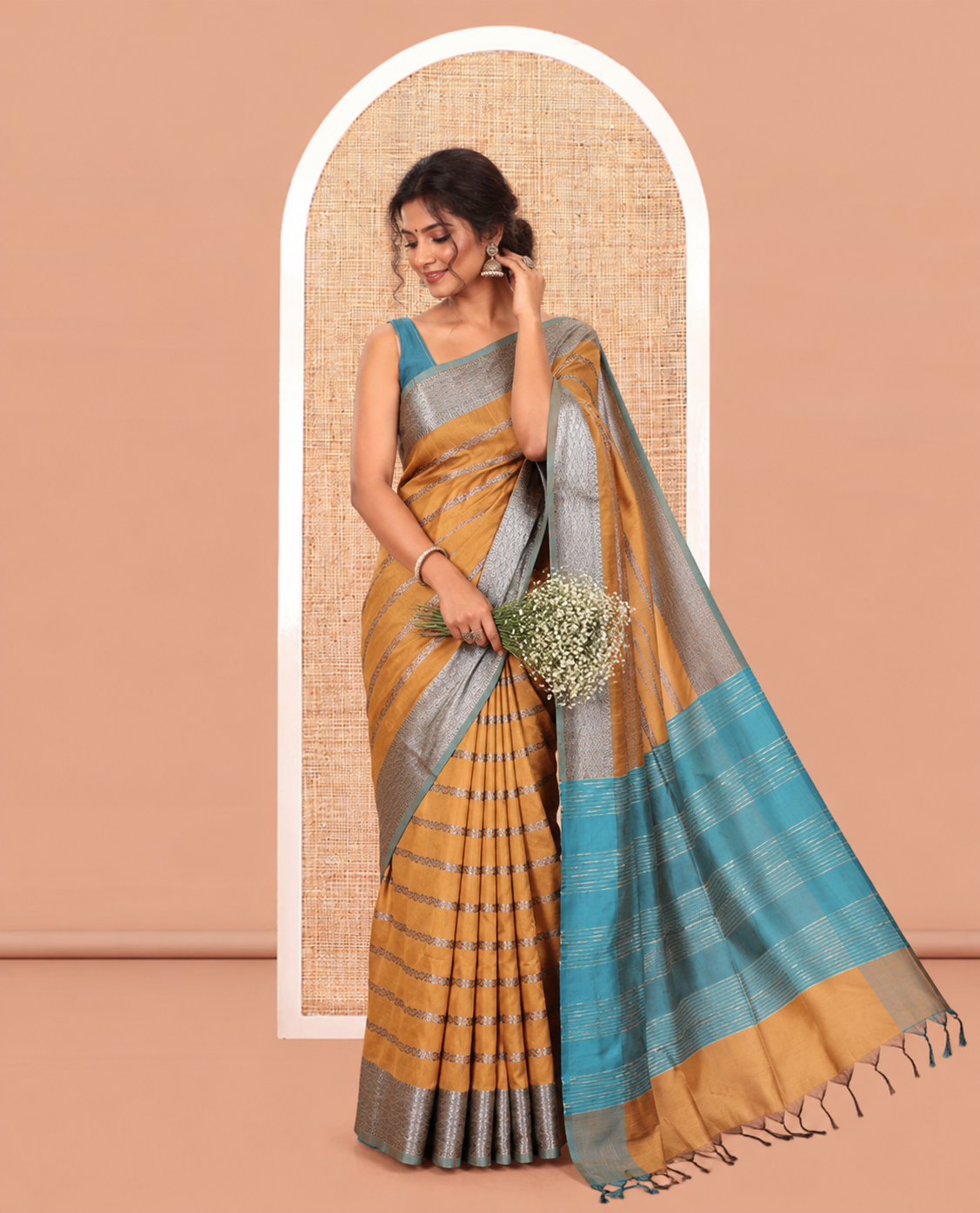 Mustard Zari-Striped Semi-Raw Silk Saree with a Contrast Zari Border, Intricate Pallu, and Contrast Blouse