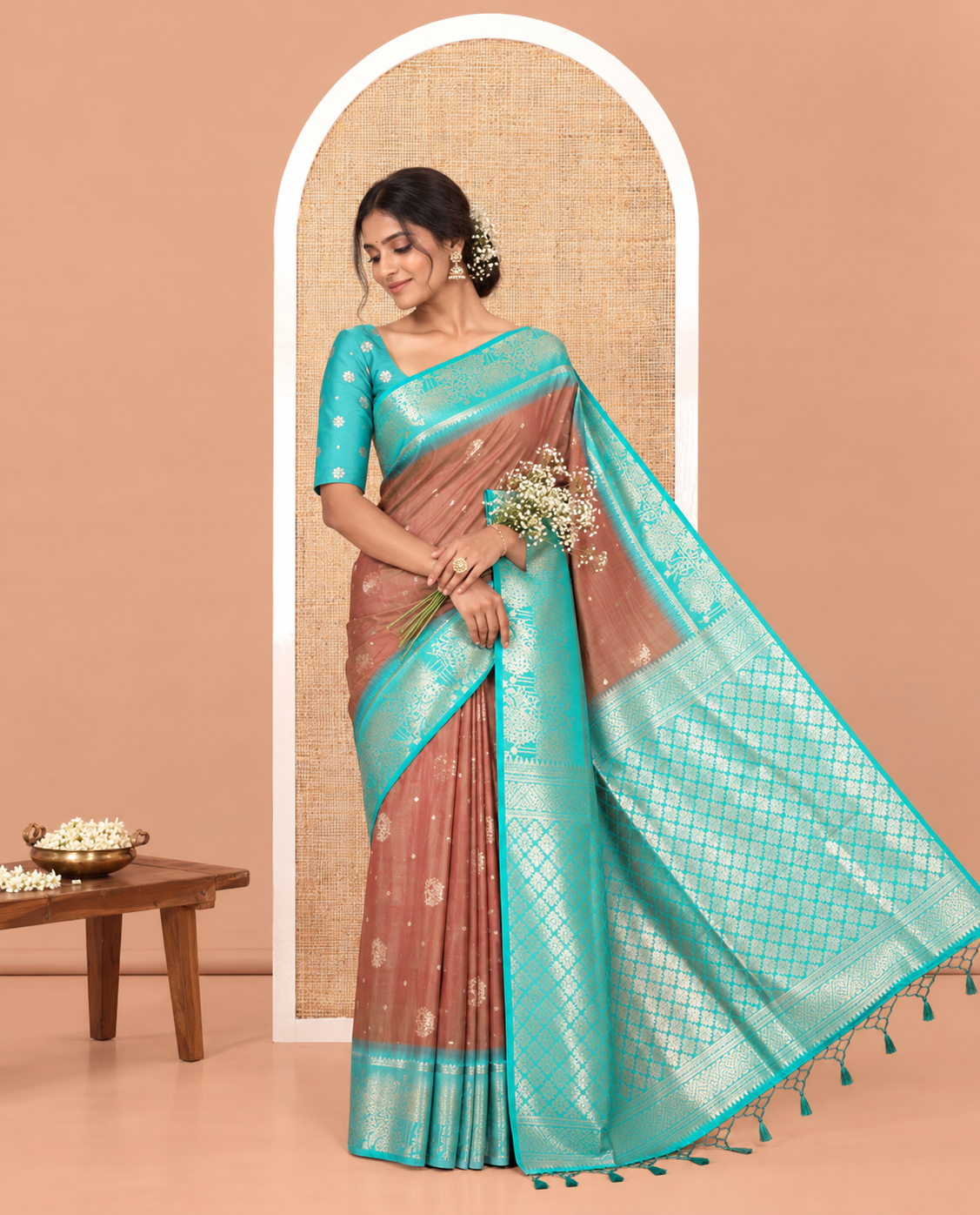 Mehendi Green Elite Soft Silk Saree, Detailed with Zari Buttas on Its Body, Complemented by a Contrast Peacock-Floral Zari Blouse, Intricately Designed Pallu, and Paired with a Contrast Blouse
