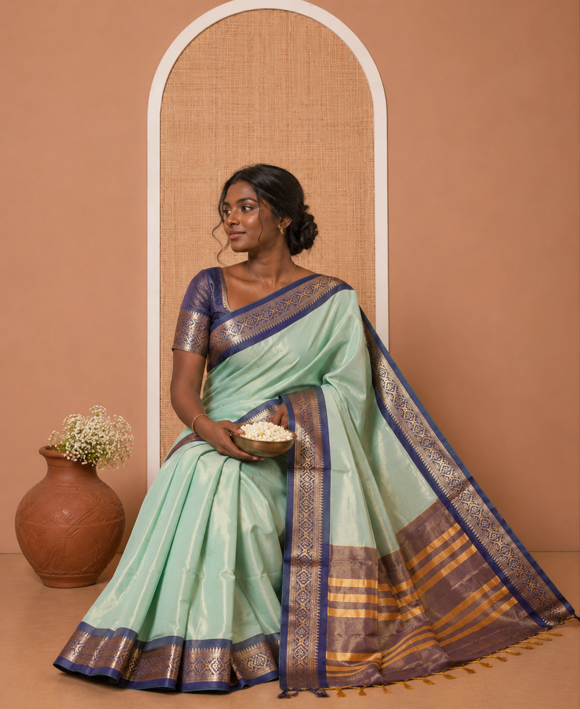 Sea Green Plain Tissue Cotton Saree, Contrast Traditional Border, Striped Pallu, and Contrast Blouse