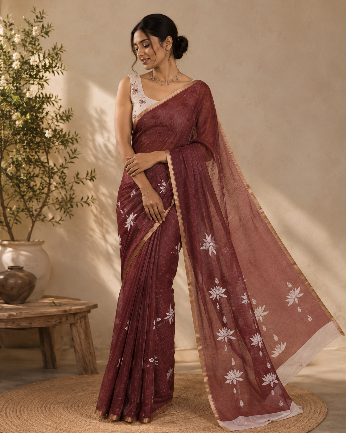 Maroon Linen Cotton Saree, Elevated with Pichwai Lotus Motifs Print, Subtle Piping Border, Pallu Mirrors the Same Pichwai Lotus Print, and Paired with a Contrast Pichwai Lotus Printed Blouse