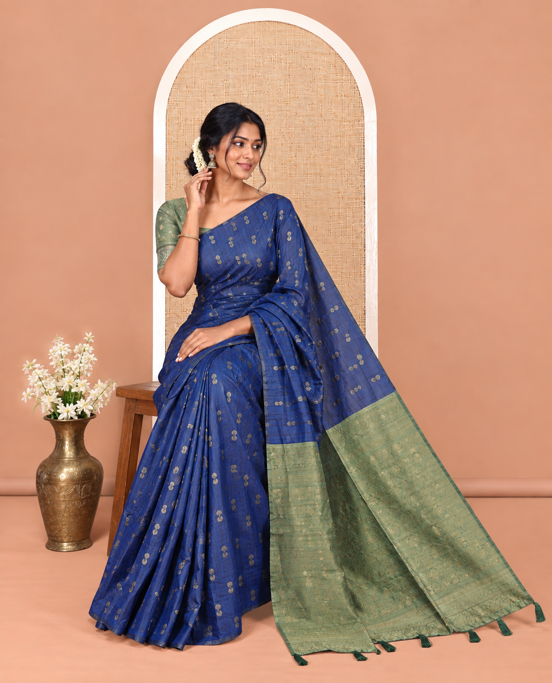 Borderless Navy Blue-Green Jute Cotton Saree, Adorned with Zari Buttas, Contrast Intricate Pallu, a Contrast Blouse