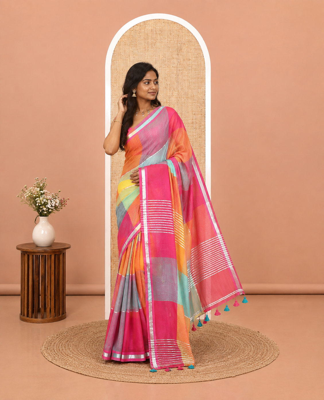Blue Big Checked Khadi Mul Cotton Saree, a Piping Border, Striped Pallu, and No Blouse
