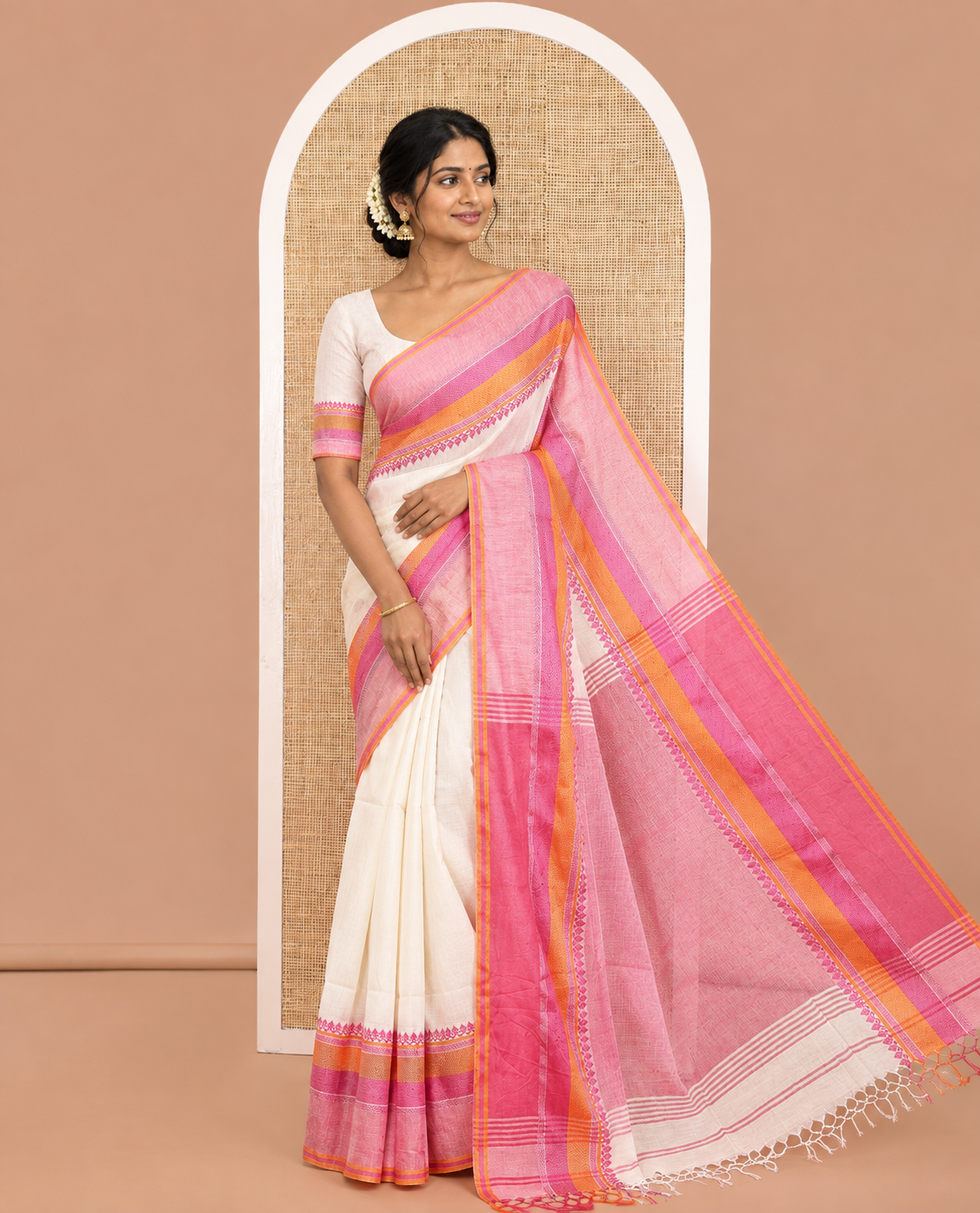 Cream-Pink Plain Khadi Mul Cotton Saree, Complemented by a Contrast Thread-Woven Border of Geometric Patterns, Contrast Plain Pallu, and Paired with a Matching Blouse
