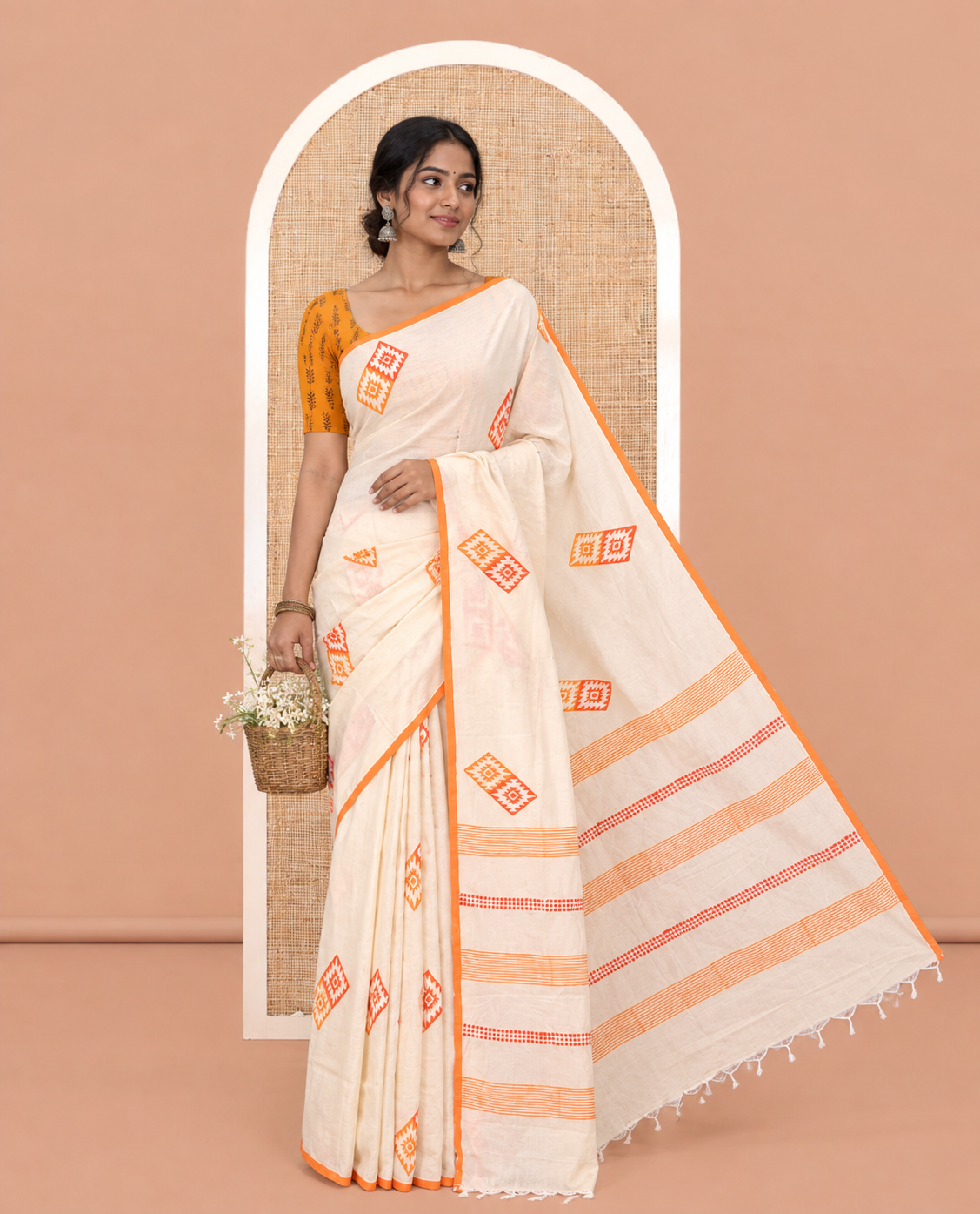 Borderless Cream Diamond Motifs Printed South Cotton Saree Comes with a Matching and a Contrast Block-Printed Blouse