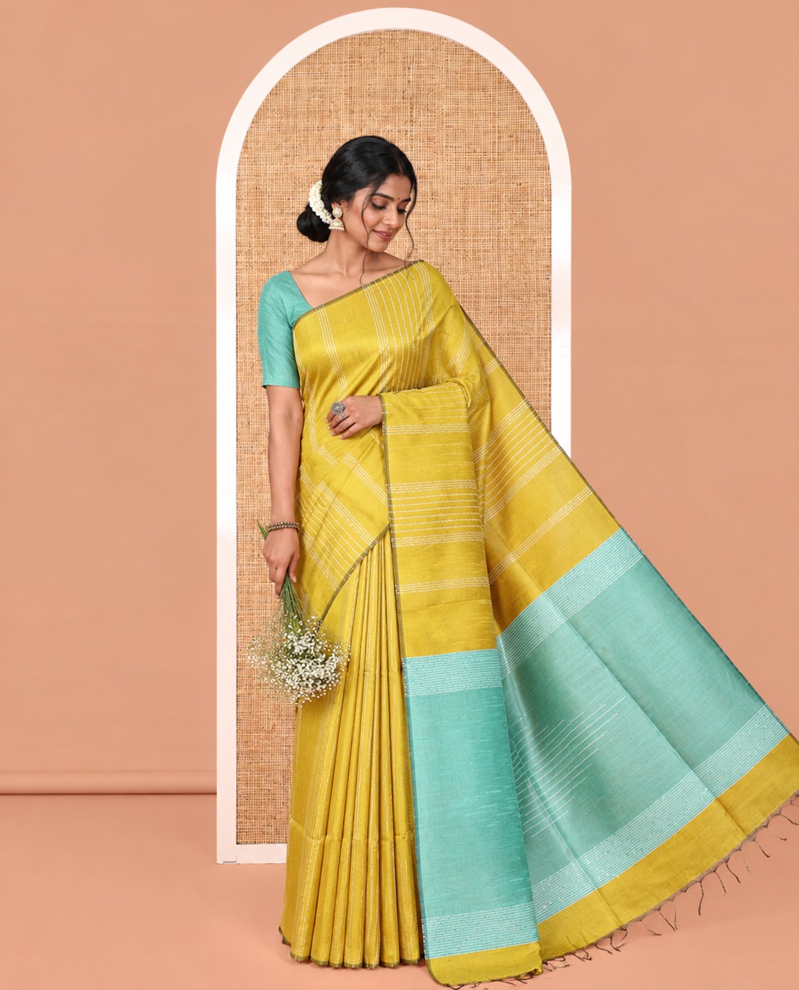 Borderless Yellow-Rama Semi-Raw Silk Saree, Decorated with Sequined Stripes, a Contrast Zari Striped Pallu, and Contrast Blouse