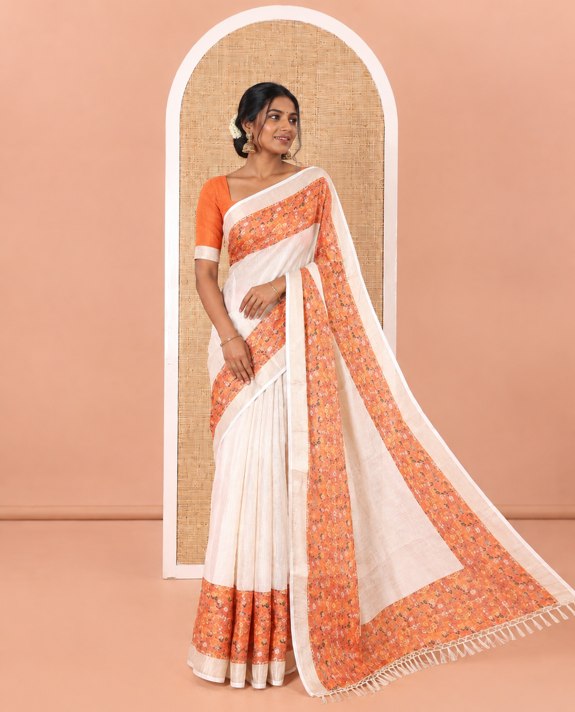 Cream Plain Tissue Saree Accentuated with Contrasting Kerala Mural Painting-Style Figurines Printed Border, Painting-Style Printed Pallu, and a Contrast Plain Blouse