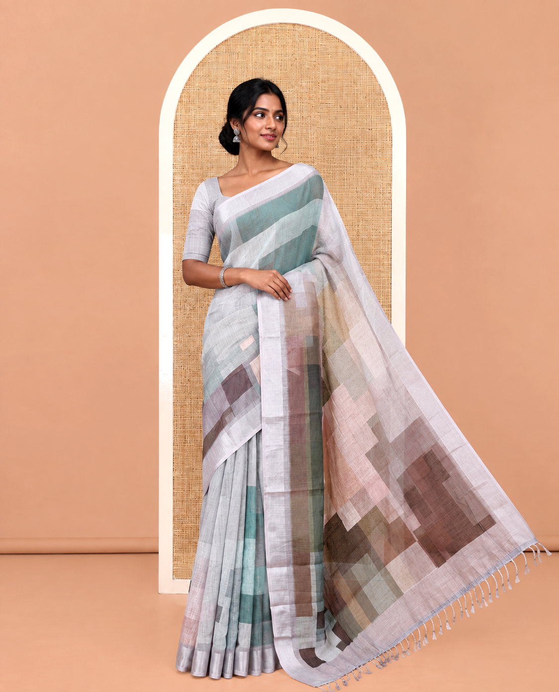 Green Linen Cotton Saree, Highlighted by Geometric-Style Checked Design on Its Body, a Subtle Bavanji Border, Geometric Printed Pallu, and Paired with a Matching Blouse