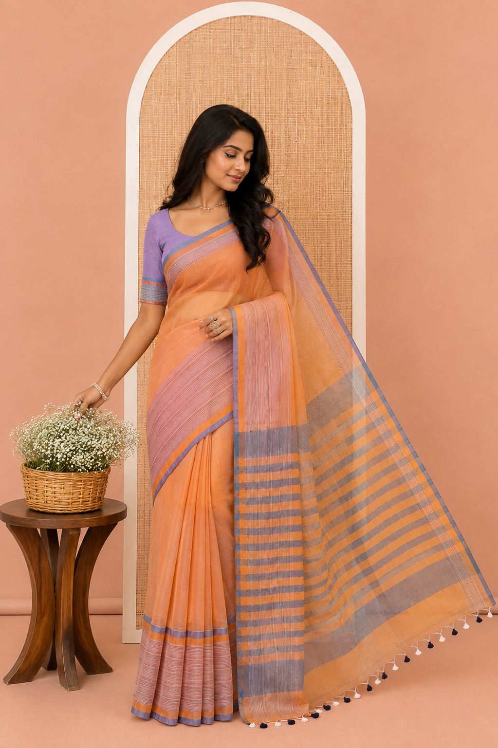 Orange Plain Khadi Cotton Saree, Contrast Satin Striped Border, Striped Pallu, and a Contrast Blouse