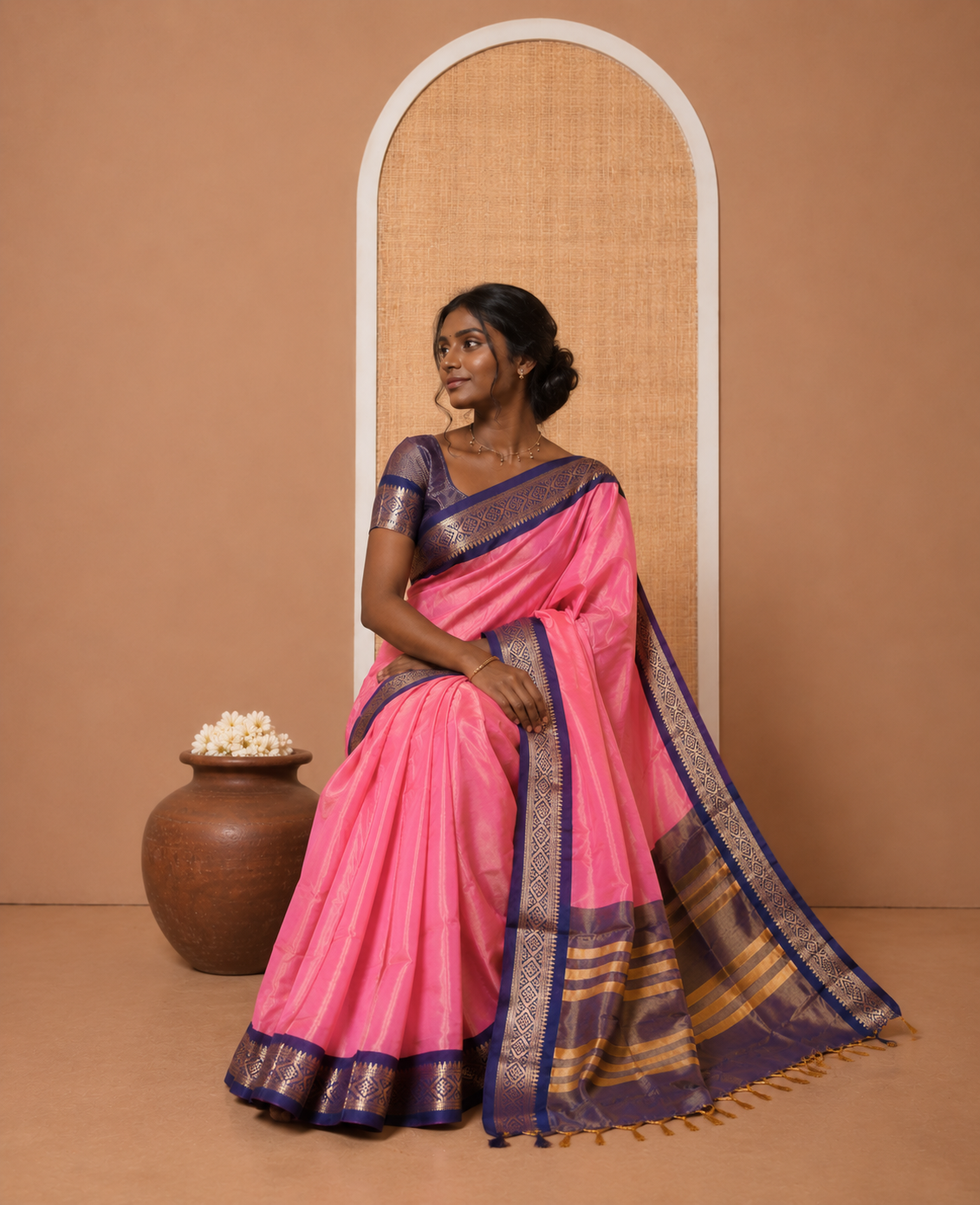 Pink Plain Tissue Cotton Saree, Contrast Traditional Border, Striped Pallu, and Contrast Blouse