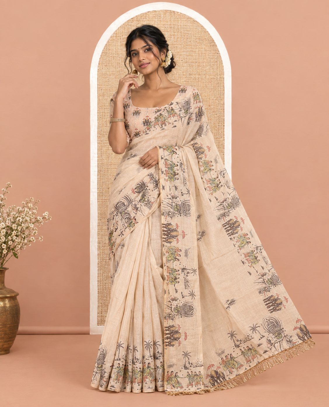 Gold Tissue Saree Features Kerala Kathakali-Themed Print, a Zari Border, Kerala-Theme Pallu, and Matching Blouse