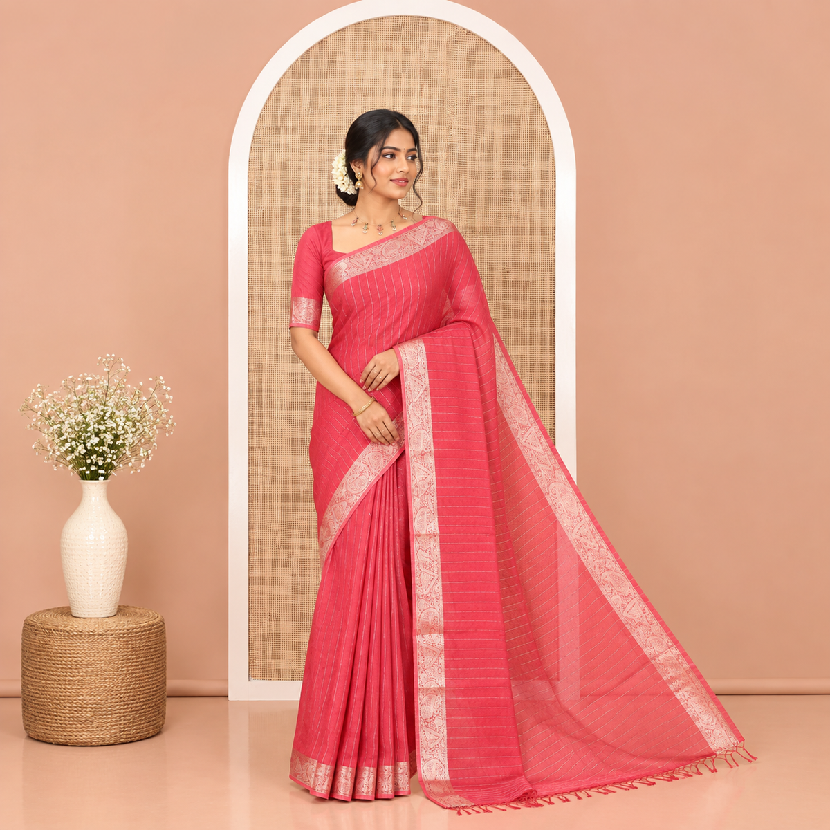 Dusky Pink Moss Chiffon Saree, Gleamed Up with Vertical Stripes, a Zari Paisley-Diamond Border, and a Matching Blouse