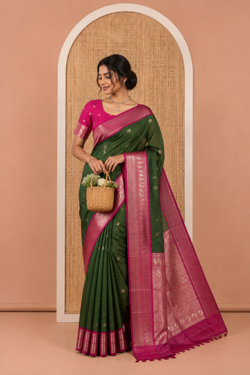 Green Kanchi Silk Saree Features Mayil-Chakram Buttas, a Contrast Traditional Border, Jaal Pallu, and a Contrast Blouse